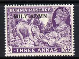 Burma 1945 Mily Admin opt on Elephant & Teak 3a violet with opt doubled (probably a kiss print) unmounted mint, SG 43var*, stamps on , stamps on  stamps on , stamps on  stamps on  kg6 , stamps on  stamps on elephants, stamps on  stamps on teak, stamps on  stamps on wood, stamps on  stamps on timber