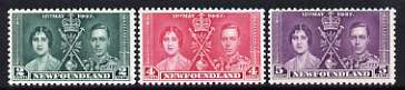 Newfoundland 1937 KG6 Coronation perf set of 3 unmounted mint, SG 254-56, stamps on , stamps on  stamps on royalty, stamps on  stamps on , stamps on  stamps on  kg6 , stamps on  stamps on , stamps on  stamps on coronation