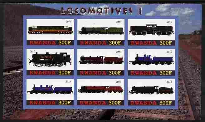 Rwanda 2010 Locomotives #1 imperf sheetlet containing 9 values unmounted mint, stamps on , stamps on  stamps on railways