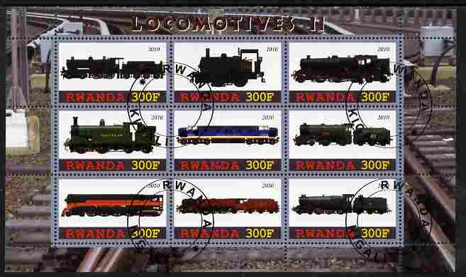 Rwanda 2010 Locomotives #2 perf sheetlet containing 9 values fine cto used, stamps on railways