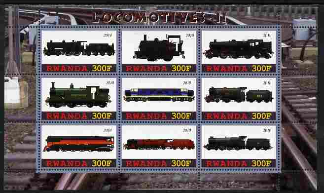 Rwanda 2010 Locomotives #2 perf sheetlet containing 9 values unmounted mint, stamps on , stamps on  stamps on railways