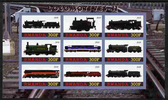 Rwanda 2010 Locomotives #2 imperf sheetlet containing 9 values unmounted mint, stamps on , stamps on  stamps on railways