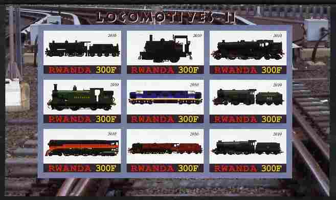 Rwanda 2010 Locomotives #2 imperf sheetlet containing 9 values unmounted mint, stamps on railways