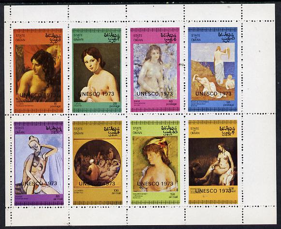 Oman 1973 Paintings of Nudes (opt'd UNESCO 1973) perf set of 8 values (1b to 20b) unmounted mint, stamps on arts, stamps on nudes, stamps on unesco, stamps on united nations, stamps on david, stamps on renoir, stamps on chavannes, stamps on picasso, stamps on ingres, stamps on manet, stamps on rembrandt