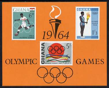 Ghana 1964 Tokyo Olympic Games imperf m/sheet unmounted mint, SG MS 353a, stamps on , stamps on  stamps on olympics, stamps on  stamps on football, stamps on  stamps on flags, stamps on  stamps on sport