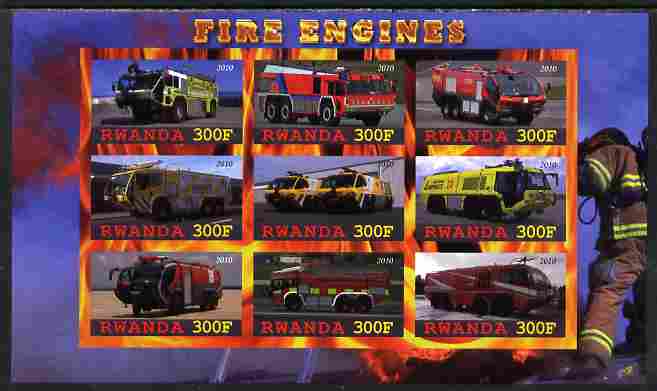 Rwanda 2010 Fire Engines imperf sheetlet containing 9 values unmounted mint, stamps on , stamps on  stamps on fire