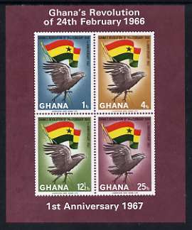 Ghana 1967 First Anniversary of Revolution imperf m/sheet unmounted mint, SG MS 459 (purple frame), stamps on , stamps on  stamps on birds, stamps on  stamps on birds of prey, stamps on  stamps on eagles, stamps on  stamps on revolutions, stamps on  stamps on flags