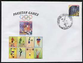 Pakistan 2004 commem cover for Pakistan Games with special illustrated cancellation for Second One Day International - Pakistan v India (cover shows Football, Tennis, Running, Skate-boarding, Skiing, weights & Golf), stamps on sport, stamps on cricket, stamps on football, stamps on tennis, stamps on running, stamps on skate boards, stamps on skiing, stamps on weightlifting, stamps on golf