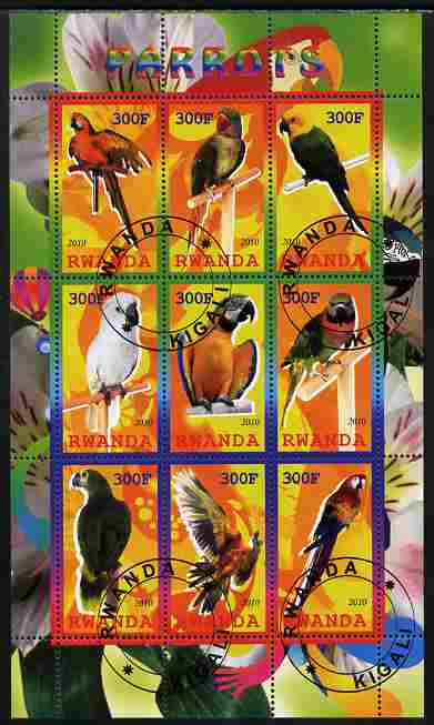 Rwanda 2010 Parrots perf sheetlet containing 9 values fine cto used, stamps on birds, stamps on parrots