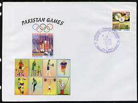 Pakistan 2004 commem cover for Pakistan Games with special illustrated cancellation for Fifth One Day International - Pakistan v India (cover shows Football, Tennis, Running, Skate-boarding, Skiing, weights & Golf), stamps on , stamps on  stamps on sport, stamps on  stamps on cricket, stamps on  stamps on football, stamps on  stamps on tennis, stamps on  stamps on running, stamps on  stamps on skate boards, stamps on  stamps on skiing, stamps on  stamps on weightlifting, stamps on  stamps on golf