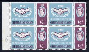 Gilbert & Ellice Islands 1965 International Co-operation Year 1/2d marginal block of 4 incl 'large flaw by arm' (R8/1), stamps on , stamps on  stamps on communications, stamps on  stamps on  icy , stamps on  stamps on united nations