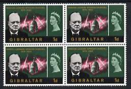 Gibraltar 1966 Churchill Commem 1d unmounted mint block of 4, one stamp with Broken N in WINSTON, stamps on churchill, stamps on personalities