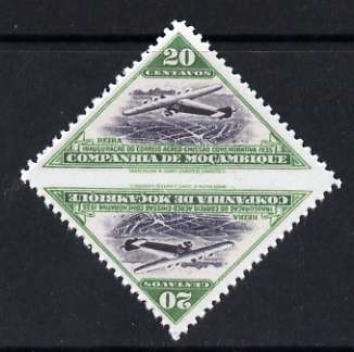 Mozambique Company 1935 Armstrong Whitworth 20c triangular tete-beche pair imperf between unused  Maryland forgery, as SG 264ab - the word Forgery is either handstamped o..., stamps on forgery, stamps on forgeries, stamps on aviation, stamps on armstrong, stamps on triangulars, stamps on maryland