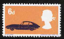 Great Britain 1966 British Technology 6d with red (Mini cars) omitted, a  'Maryland' perf 'unused' forgery, as SG 702a - the word Forgery is either handstamped or printed on the back and comes on a presentation card with descriptive notes, stamps on , stamps on  stamps on maryland, stamps on  stamps on forgery, stamps on  stamps on forgeries