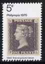 Great Britain 1970 Philympia '70 Stamp Exhibition 5d with grey-black (Queen's Head) omitted, a  'Maryland' perf 'unused' forgery, as SG 835a - the word Forgery is either handstamped or printed on the back and comes on a presentation card with descriptive notes, stamps on , stamps on  stamps on maryland, stamps on  stamps on forgery, stamps on  stamps on forgeries