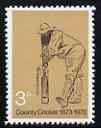 Great Britain 1973 County Cricket (W G Grace) 3p with gold (Queen's Head) omitted, a  'Maryland' perf 'unused' forgery, as SG 928a - the word Forgery is either handstamped or printed on the back and comes on a presentation card with descriptive notes, stamps on , stamps on  stamps on maryland, stamps on  stamps on forgery, stamps on  stamps on forgeries, stamps on  stamps on cricket