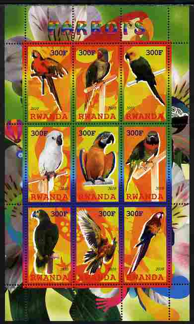 Rwanda 2010 Parrots perf sheetlet containing 9 values unmounted mint, stamps on birds, stamps on parrots