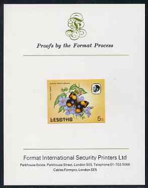 Lesotho 1984 Butterflies Yellow Pansy 5s imperf proof mounted on Format International proof card as SG 567, stamps on , stamps on  stamps on butterflies