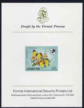 Lesotho 1984 Butterflies Lemon Traveller 20s imperf proof mounted on Format International proof card as SG 572, stamps on , stamps on  stamps on butterflies