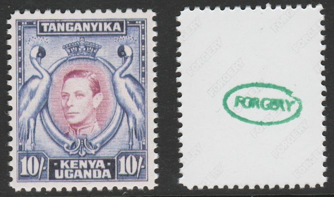 Kenya, Uganda & Tanganyika 1938-54 KG6 Crowned Cranes 10s  'Maryland' perf forgery 'unused', as SG 149 - the word Forgery is either handstamped or printed on the back and comes on a presentation card with descriptive notes, stamps on maryland, stamps on forgery, stamps on forgeries, stamps on  kg6 , stamps on birds, stamps on cranes