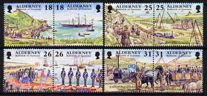 Guernsey - Alderney 1997 Garrison Island (1st series) perf set of 8 (4 se-tenant pairs) unmounted mint, SG A102-109, stamps on , stamps on  stamps on railways, stamps on  stamps on horses, stamps on  stamps on ships, stamps on  stamps on militaria, stamps on  stamps on ships, stamps on  stamps on paddle steramers, stamps on  stamps on 