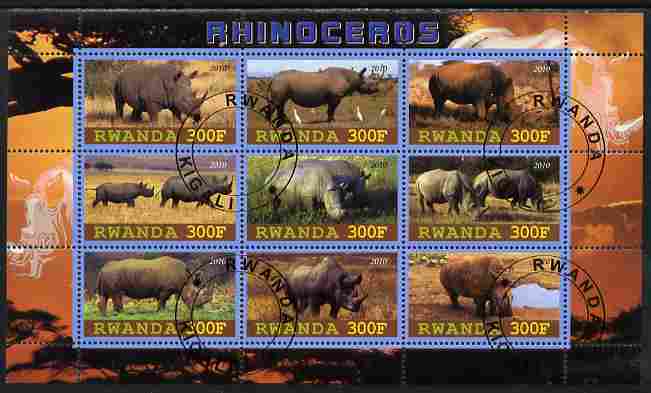 Rwanda 2010 Rhinoceros perf sheetlet containing 9 values fine cto used, stamps on animals, stamps on rhinos