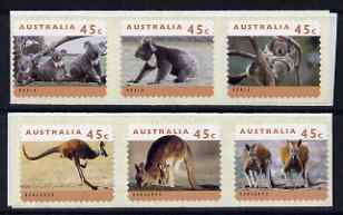 Australia 1994 Australian Wildlife (2nd Series) self adhesive strip of 6 unmounted mint (Cambec printing), as SG 1459-64, stamps on , stamps on  stamps on animals, stamps on  stamps on kangaroos, stamps on  stamps on koalas, stamps on  stamps on bears, stamps on  stamps on self adhesive