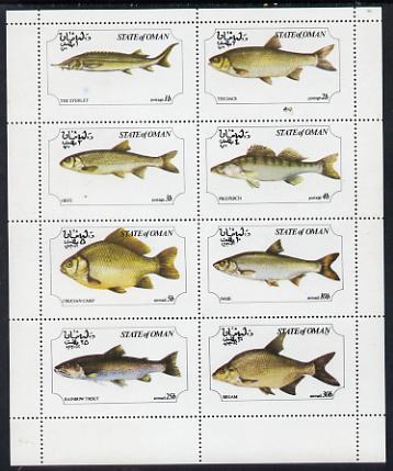 Oman 1977 Freshwater Fish (Bream, Carp, Dace, Trout, etc) perf set of 8 values (1b to 30b) unmounted mint, stamps on fish, stamps on dace, stamps on orfe, stamps on perch, stamps on carp, stamps on nase, stamps on trout, stamps on bream, stamps on marine life, stamps on 
