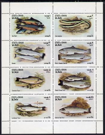 Oman 1972 Fish (Trout, Salmon etc) perf set of 8 values (1b to 15b) unmounted mint, stamps on fish    marine-life    trout    salmon    charr    lamprey    sewen
