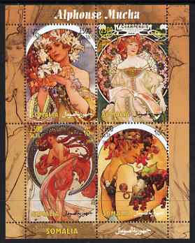 Somalia 2004 Paintings by Alphonse Mucha #1 perf sheetlet containing 4 values unmounted mint, stamps on arts, stamps on mucha
