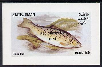 Oman 1973 Fish (Gilleroo Trout) opt'd Red Crescent imperf souvenir sheet (50b value) unmounted mint, stamps on fish    marine-life    medical    red cross