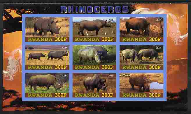 Rwanda 2010 Rhinoceros imperf sheetlet containing 9 values unmounted mint, stamps on animals, stamps on rhinos