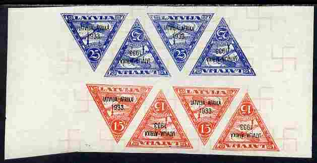 Latvia 1933 Riga to Bathurst Flight overprint on 25s blue x 4 and 15s red x 4 forgery on gummed paper with printed watermark, as SG 236-7, stamps on , stamps on  stamps on aviation, stamps on  stamps on triangulars, stamps on  stamps on forgery, stamps on  stamps on forgeries