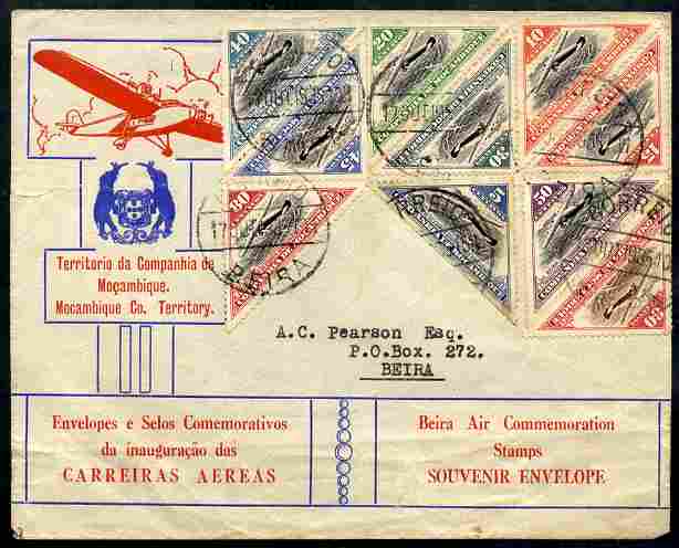 Mozambique Company 1935 illustrated Commemorative cover to Beira bearing complete set of 10 triangulars neatly cancelled, stamps on aviation, stamps on triangulars, stamps on 