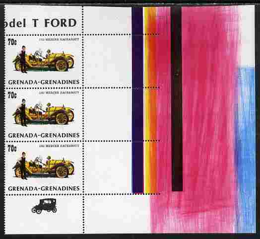 Grenada - Grenadines 1983 75th Anniversary of Model T Ford 70c (1913 Mercer) corner strip of 3 from archive proof sheet showing colour bars with superb wash of magenta co..., stamps on cars