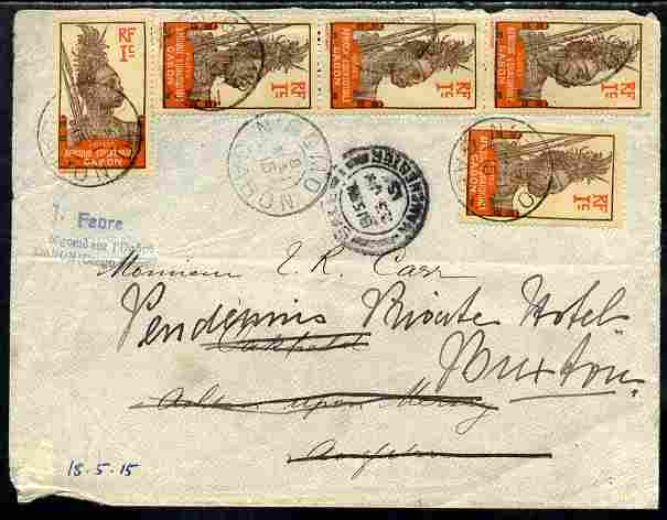 Gabon 1915 Re-directed cover bearing 5 x 1c Warrior stamp, cover opened out for display and part of flap missing, stamps on , stamps on  stamps on militaria