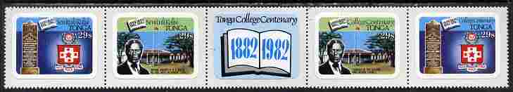 Tonga 1982 College Centenary 29s self-adhesive se-tenant strip of 4 opt'd SPECIMEN unmounted mint, as SG 827-30, stamps on , stamps on  stamps on education, stamps on  stamps on self adhesive, stamps on  stamps on rugby