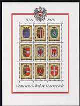 Austria 1976 Millenary sheetlet of 9 Provincial Coats of Arms unmounted mint, SG MS 1767, stamps on , stamps on  stamps on arms, stamps on  stamps on heraldry