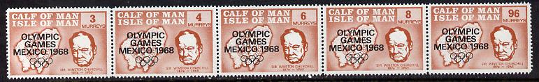 Calf of Man 1968 Olympic Games Mexico overprinted on Churchill perf set of 5 in brown P14.5 (Rosen CA123-27) unmounted mint, stamps on , stamps on  stamps on churchill  personalities  maps   sport      olympics