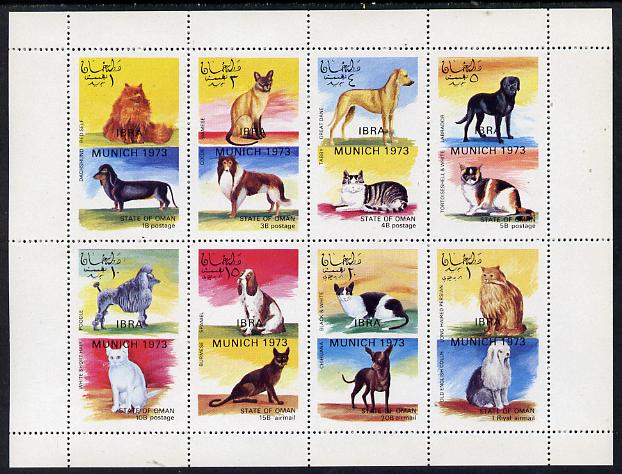 Oman 1972 Cats & Dogs perf set of 8 values opt'd IBRA Munich 1973 (1b to 1R) unmounted mint, stamps on animals    cats    dogs   dane    labrador    dachshund    collie    poodle    spaniel     chihuahua     old english     stamp exhibitions