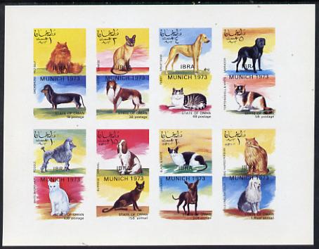 Oman 1972 Cats & Dogs (opt'd IBRA Munich 1973) imperf set of 8 values (1b to 1R) unmounted mint, stamps on , stamps on  stamps on animals    cats    dogs   dane    labrador    dachshund    collie    poodle    spaniel     chihuahua     old english     stamp exhibitions