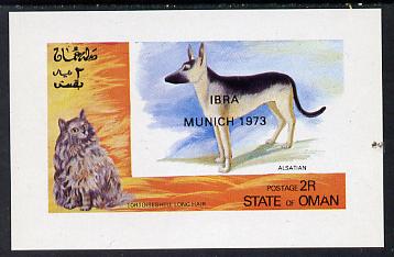 Oman 1972 Cats & Dogs (opt'd IBRA Munich 1973) imperf souvenir sheet (2R value) unmounted mint, stamps on , stamps on  stamps on animals, stamps on  stamps on cats, stamps on  stamps on dogs, stamps on  stamps on  gsd , stamps on  stamps on stamp exhibitions