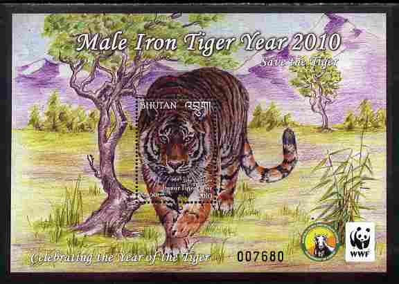 Bhutan 2010 WWF - Year of the Tiger perf s/sheet containing 50 Nu value unmounted mint , stamps on animals, stamps on  wwf , stamps on cats, stamps on tigers