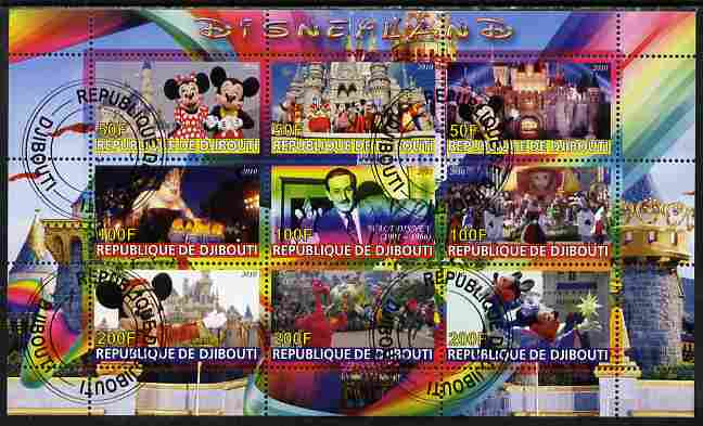 Djibouti 2010 Disneyland perf sheetlet containing 9 values fine cto used, stamps on disney, stamps on films, stamps on cinema, stamps on movies, stamps on 