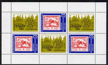 Bulgaria 1989 'Praga'88'  perf sheetlet of 3 plus 3 labels issued for Bulgaria '89 Stamp Exhibition unmounted mint, Mi BL 185, stamps on , stamps on  stamps on stamp exhibitions, stamps on  stamps on stamp on stamp, stamps on  stamps on stamponstamp