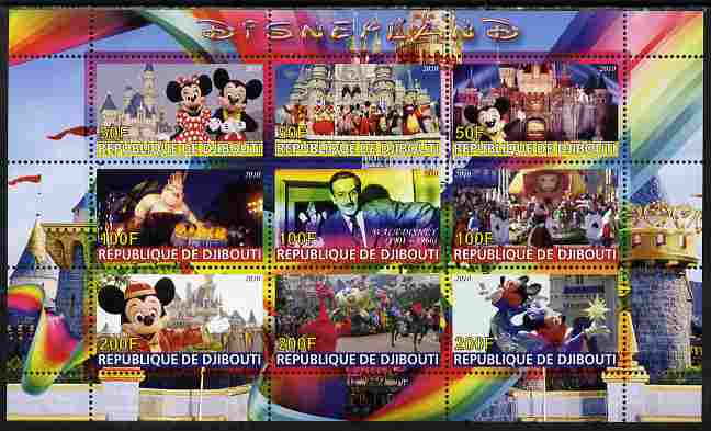 Djibouti 2010 Disneyland perf sheetlet containing 9 values unmounted mint, stamps on disney, stamps on films, stamps on cinema, stamps on movies, stamps on 