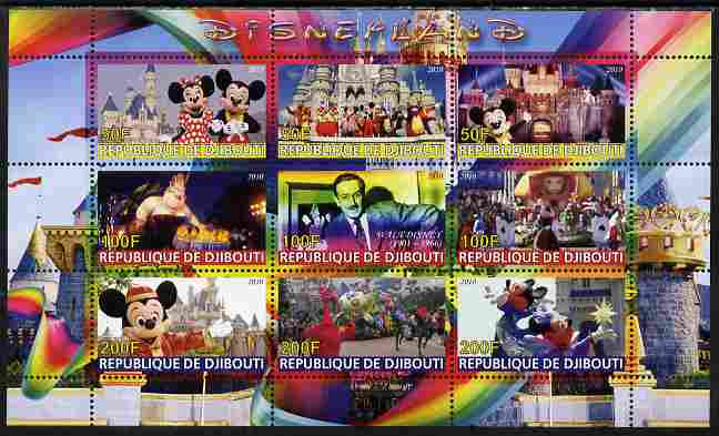 Djibouti 2010 Disneyland perf sheetlet containing 9 values unmounted mint, stamps on , stamps on  stamps on disney, stamps on  stamps on films, stamps on  stamps on cinema, stamps on  stamps on movies, stamps on  stamps on 