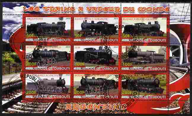 Djibouti 2010 Steam Locos of the World - Argentina perf sheetlet containing 9 values fine cto used, stamps on , stamps on  stamps on railways