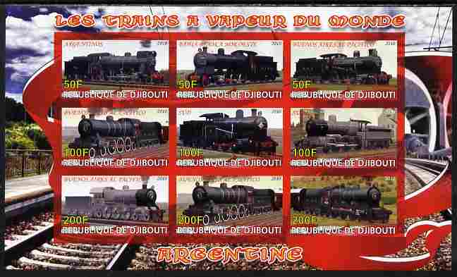 Djibouti 2010 Steam Locos of the World - Argentina imperf sheetlet containing 9 values unmounted mint, stamps on , stamps on  stamps on railways