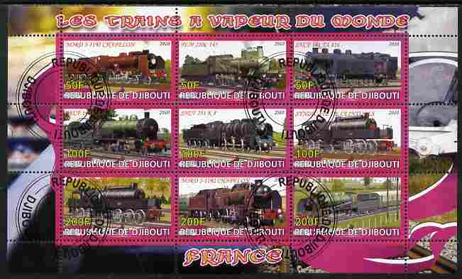 Djibouti 2010 Steam Locos of the World - France perf sheetlet containing 9 values fine cto used, stamps on , stamps on  stamps on railways